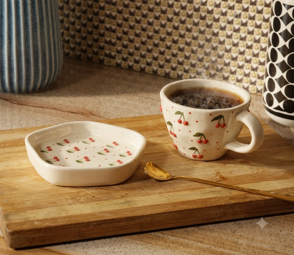 Cherry Ceramic Mug and Square Saucer Set
