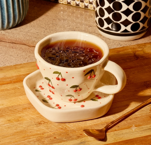 Cherry Ceramic Mug and Square Saucer Set